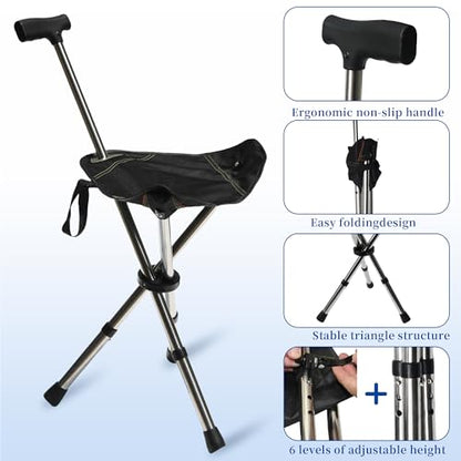 FATTCHIAR Cane with Seat, Cane Chair Capacity 330lbs, Adjustable Height Folding Lightweight Walking Stick with Seats, Portable Stool for Adults Seniors Hiking Camping