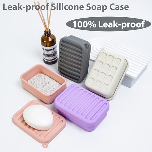 2PC Portable Leakproof Travel Soap Case, Silicone Travel Soap Case, Compact Soap Holder with Drainage Layer, Travel Soap Holder for Camping, Gym, Outdoor (Light-Purple&Rice-White) - color: Light-purple&rice-white