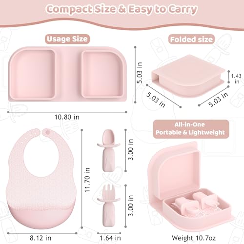Pink Silicone Foldable Baby Feeding Set, Baby Travel Essential Including Toddler Plates, Spoon&Fork, Adjustable Foldable Bib, Portable Infant Toddler Utensils - color: Pink