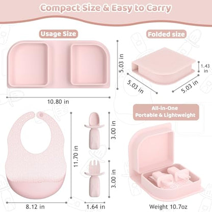 Pink Silicone Foldable Baby Feeding Set, Baby Travel Essential Including Toddler Plates, Spoon&Fork, Adjustable Foldable Bib, Portable Infant Toddler Utensils - color: Pink