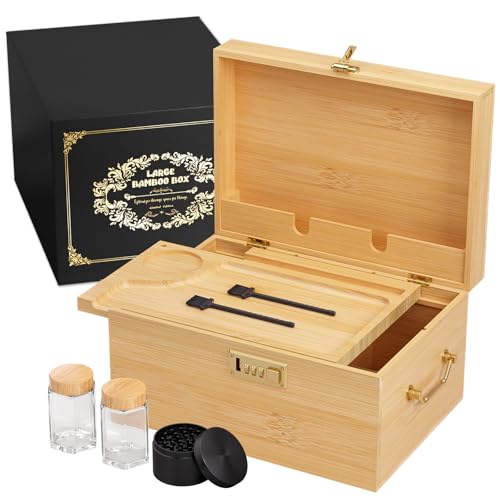 Bamboo Storage Box with Lid and Lock – Large Wooden Stash Box with Rolling Tray, Adjustable Dividers & Vintage Gold Side Handles, Elegant Storage Organizer - color: Natural, size: Large