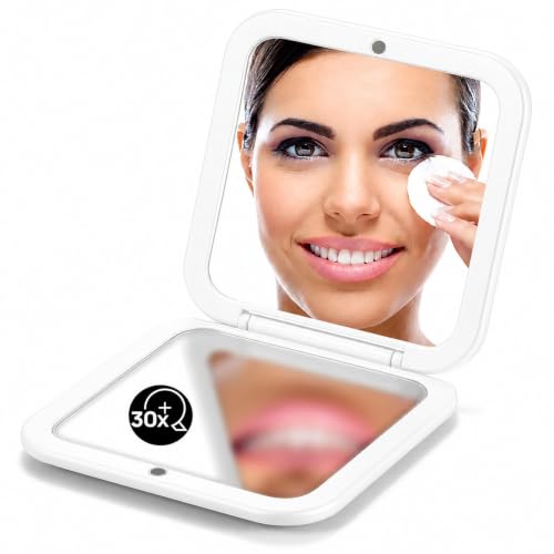 OMIRO Folding Compact Mirror, 1X/30X Magnification 3½” Pocket Size Square Hand Mirror for Travel Makeup (White) - color: White-30x