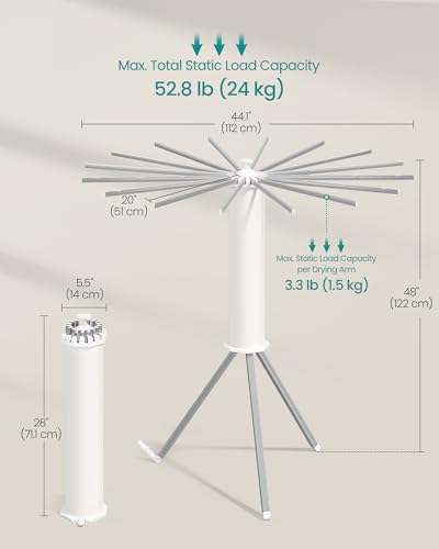 SONGMICS Clothes Drying Rack Foldable, Rotary Tripod Laundry Drying Rack, Rotatable Portable Floor Standing Clothes Airer, Laundry Room Balcony, 16 Pull-Out Aluminum Alloy Arms, Silver ULLR531EW01 - style: Aluminum Alloy Arms