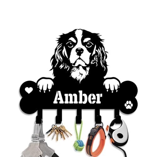 NIWAHO Dog Leash Holder for Wall Personalized - Cavalier King Charles Spaniel Custom Metal Sign with Bone Key Hooks, Entryway Mudroom Organizer Rack, Pet Room Decor - color: Cavalier King Charles Spaniel