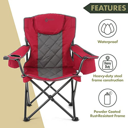 ARROWHEAD OUTDOOR Portable Deluxe Folding Camp Quad Chair w/Headrest, Glass & Cup Holders, Armest 6-can Cooler, Heavy Duty Carry Bag, 550 lbs Weight Capacity - color: Burgundy Red