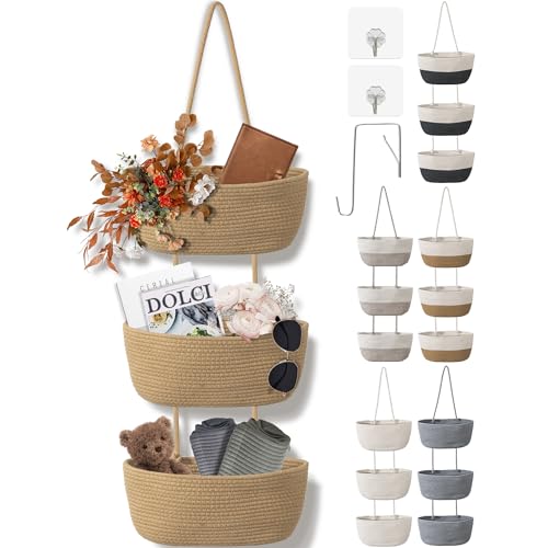3 Tier Wall Mounted Woven Hanging Basket, Over the Door Hanging Basket with Hooks, Decorative Storage Hanging Closet Removable, Large Wall Basket for Living Room, Bedroom, Kitchen (Brown) - color: Brown