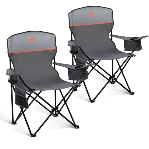 LET'S CAMP Camping Chair 2 Pack Folding Chair with 4-Can Cooler Bag Portable Lawn Chair with Cup Holder,Storage Pocket, Supports 250LBS, Collapsible Chair for Camp, Beach, Picnic (Grey) - color: Grey