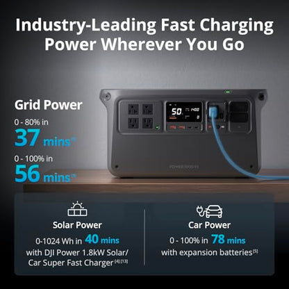 DJI Power 1000 V2 Portable Power Station, Solar Generator with IBCPOWER 100W Foldable Solar Panel, 1024Wh LFP Battery, 2600W Output, MC4 to XT60 Solar Power Cable, Camping, Road Trip, RV - color: Black-2