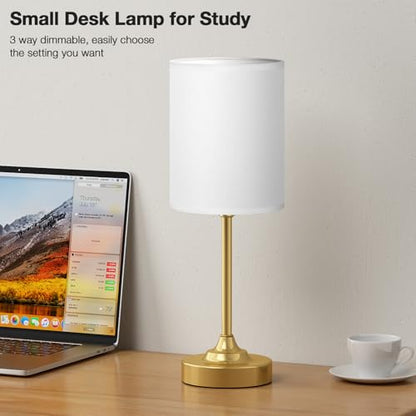 Fenmzee Gold Nightstand Bedroom Lamp - 3 Way Dimmable Bedside Lamp, Small Table Lamp Linen Lampshade for Office Desk, LED Bulb Included - color: White Shade-Gold Base, size: 14" Touch Control