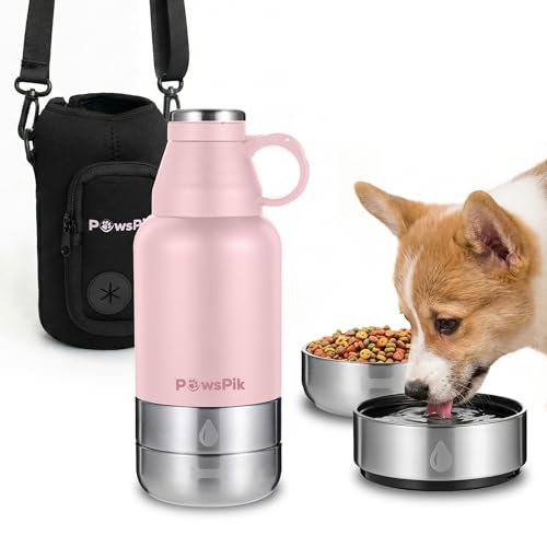 PawsPik 32oz 3-in-1 Travel Dog Water Bottle & Bowl Set – Stainless Steel Vacuum-Insulated Bottle with Detachable Food & Water Bowls, Leak-Proof, Keeps Water Cold 12hrs/Hot 6hrs (Cherry Blossom Pink) - color: Cherry Blossom Pink