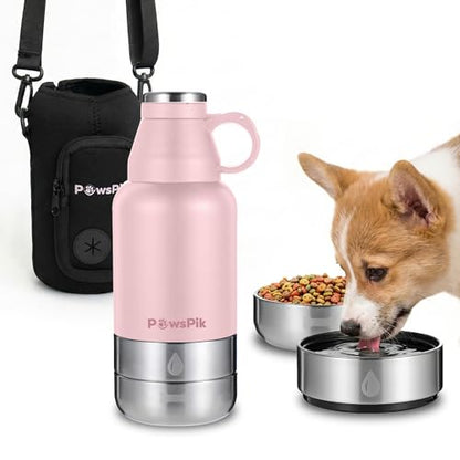 PawsPik 32oz 3-in-1 Travel Dog Water Bottle & Bowl Set – Stainless Steel Vacuum-Insulated Bottle with Detachable Food & Water Bowls, Leak-Proof, Keeps Water Cold 12hrs/Hot 6hrs (Cherry Blossom Pink) - color: Cherry Blossom Pink
