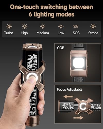 SKYFIRE 4000 Lumens Rechargeable Flashlight, Tactical LED Flashlight with Ignition Lens, USB-C Fast Charging, Zoomable 6 Modes & COB Side Light, IPX6 Waterproof for Camping Emergency Power Outage