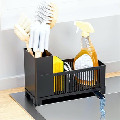 Rustproof Kitchen Sink Organizer for Countertop,Multifunctional Sink Organizer Caddy & Organization,Scrub Brush and Sponge Holder,Plastic Sink Storage Rack,Sponge Drain Rack,Dish Soap Dispenser,Black - style: Countertop