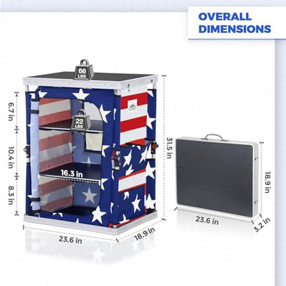 EAGLE PEAK Outdoor Folding Camping Table with Large 3-Tier Storage Organizer and Side Pockets, Easy Set Up Portable Aluminum Camping Kitchen, American Flag