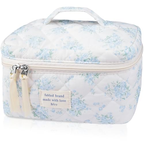 Gosect Large Travel Quilted Makeup Bag for Women,Big Floral Cotton Cosmetic Bag, Cute Coquette Aesthetic Floral Toiletry Organizer Bag (Blue Rose) - color: 013Blue Rose