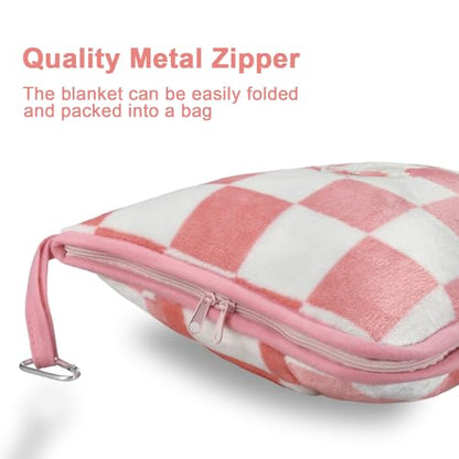 Travel Blanket and Pillow Compact, Premium Soft 2 in 1 Airplane Blanket with Soft Bag Pillowcase，Hand Luggage Sleeve and Backpack Clip (Ckeckered Pink) - color: Checkered Pink