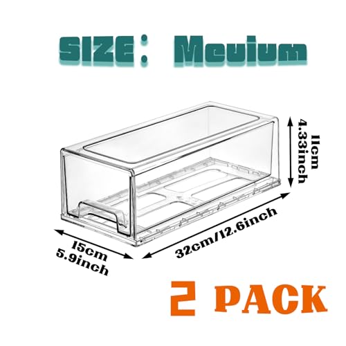 Clear Stackable Refrigerator Organizers and Storage Drawers - Pull-Out Fridge Bins with handles for Kitchen，Pantry，Cabinet，Bathroom, Undersink，Closet (2 Pack) - size: 2 Pack | Medium