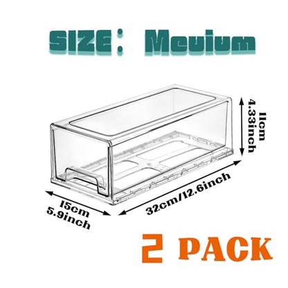 Clear Stackable Refrigerator Organizers and Storage Drawers - Pull-Out Fridge Bins with handles for Kitchen，Pantry，Cabinet，Bathroom, Undersink，Closet (2 Pack) - size: 2 Pack | Medium