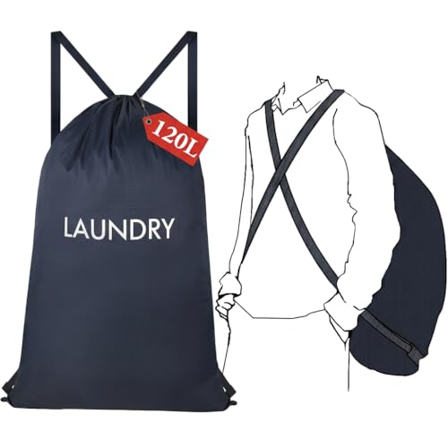 120L Heavy Duty Laundry Bag Backpack with Shoulder Straps, Waterproof Tear-Resistant Nylon Hamper Tote for Easy Carrying to Laundromat, College Dorms & Apartment Stairs - color: Navy Blue