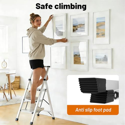 3 Step Ladder Aluminum Lightweight Folding Step Stool, 600lbs Max Load Heavy Duty Step Stool with Safety Handrail, Slim Foldable Kitchen Stool with Anti-Slip Pedal for Home Sliver，3 Steps - size: 3 steps