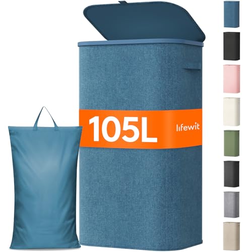 Lifewit 105L Large Laundry Basket with Lid, Laundry Hamper with Plastic Handles and Removable Bag, Foldable Tall Dirty Clothes Hampers for Laundry for Laundry Room, Bedroom, Bathroom, Dorm, Dark Blue - color: Dark Blue, size: 105L