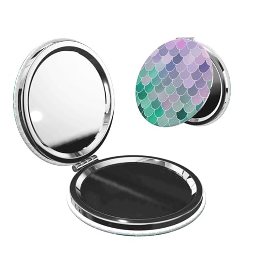 Teal Pink Mermaid Fish Scales Print Foldable Travel Pocket Mirror Round PU Leather Portable Mini Makeup Double Sided Handheld Magnifying,2.6 in - color: Teal Pink Mermaid Fish Scales