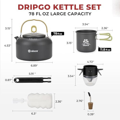 Alocs 2.3L Camping Coffee Pot Outdoor Coffee Maker Set, Hard Anodized Aluminum Camping Kettle with Pour Over Coffee Kit, 12oz Mug & Precision Spout, Portable Backpacking Gear for Campfire & Gas Stove