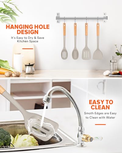 Silicone Cooking Utensils Set, Perfectly Angled for Frying, Mixing,Serving,Draining,Turning and Stirring, BPA-Free Matte Silicone, Wood Handles, Safe for Nonstick Cooking Surfaces,4 Pack (Khaki) - color: Khaki
