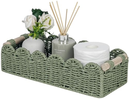 CubesLand Toilet Paper Storage Basket Scalloped Edge Home Decor Green Basket, Living Room Cozy Decor, Paper Rope Small Baskets for Over Toilet Storage Shelf, End Table, Shelves, with 2 Wooden Handles - color: Green, size: m - 14 X 6.3 X 3.9in