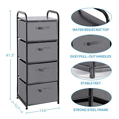 MAX Houser 4 Drawer Fabric Dresser Tall Storage Tower, Dresser Chest with Wood Top, Vertical Nightstand Side Organizer Unit with Metal Frame for Closets Bedroom Nursery Room Hallway(Leaden) | , Dresser Chest with Wood Top, Vertical Nightstand Side Organiz