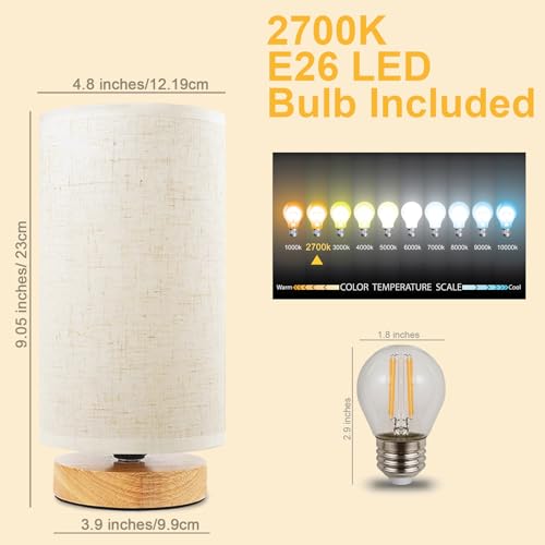 Small Bedside Table Lamp for Bedroom, Minimalist Wood Base & Round Fabric Shade, Mini Cute Cozy Warm White Nightstand Boho Lamp, Study Desk Night Stand Light for Room, Dorm, Nursery, Living Room - size: Round - Set of 1