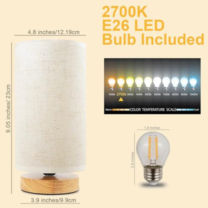 Small Bedside Table Lamp for Bedroom, Minimalist Wood Base & Round Fabric Shade, Mini Cute Cozy Warm White Nightstand Boho Lamp, Study Desk Night Stand Light for Room, Dorm, Nursery, Living Room - size: Round - Set of 1