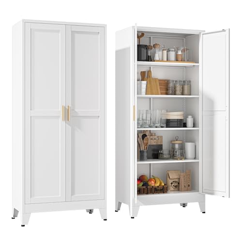 YAUWOH 71''Metal Cabinet with 4 Adjustable Shelves,5-Tier Pantry Storage Cabinet,Kitchen Pantry Cabinet for Living Room,Dining Room, (1PC,White) - color: White, size: 71"H-2 Doors