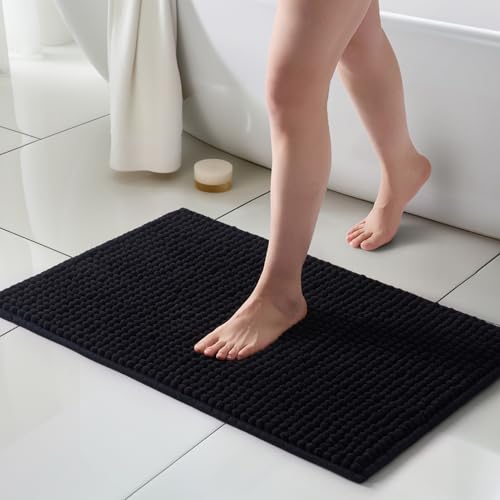 FRESHMINT Thick Chunky Chenille Bathroom Rugs 20"x32", Non Slip Bath Mat for Bathroom Floor, Large Soft Bathroom Decor Accessories, Cute Shower Mat Water Absorbent, Washable, Black - color: Black, size: 32" x 20" (Rectangular)