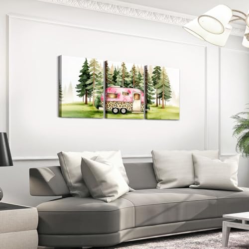 Erosebridal Leopard Print Retro Camper Framed Wall Decor Happy Camping Canvas Wall Art For Bedroom Rustic Wooden Plank Paintings Posters 3 Piece 12"X16" Watercolor Nature Forest Pictures Prints - color: Green Pink Brown