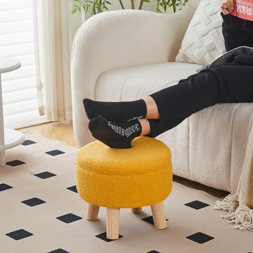 Wimarsbon Storage Ottoman, Modern Round Footrest with Soft Padded Seat, Teddy Velvet Footstool with Wood Legs, Accent Small Table or Plant Stand for Hallway, Living Room (Brilliant Yellow) - color: Brilliant Yellow