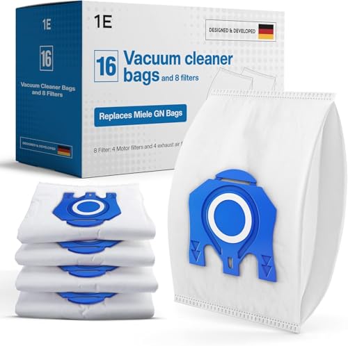 16 Type G/N Vacuum Cleaner Bags for Miele Vacuum Cleaners [Replaces 10123210 AirClean 3D Efficiency Type GN] – Fits Classic C1, Complete C2 & C3, S8340, S8000, S6000 & S5000 Series + 8 Filters - size: GN