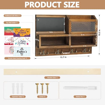 Key Holder Wall Mount, Wooden Mail and Key Organizer with Chalkboard and Mirror, 3 Greeting Cards, 8 Hooks, Brown - color: Brown