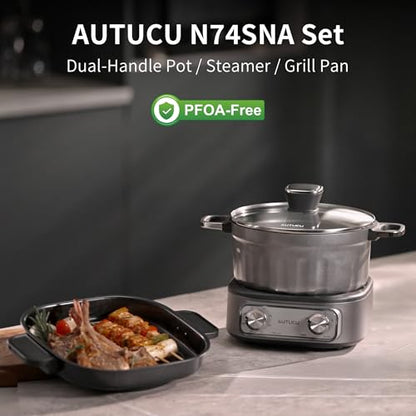 N74SNA Hot Pot Electric, Multi-Cooker 2.5 Quart Grill Steamer Set, PFOA-Free Nonstick for Steak, Soup, Fried Rice, Oatmeal, Egg, Ramen with Power Adjustment - size: Dual-Handle Pot