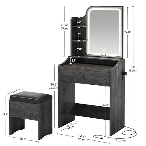 LIKIMIO Small Makeup Vanity Desk with Mirror and Lights, Vanity Table Set with Storage Drawer, Chair and Three Shelves, Bedroom, Charcoal Grey - color: Charcoal Grey