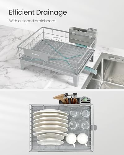 SONGMICS Dish Drying Rack, Kitchen Dish Rack with Drainboard, 360° Rotatable and Extendable Spout, with Cutlery Holder, 12.2 x 16.5 x 7.3 Inches, Dove Gray UKCS550G01 - color: Dove Gray, style: with Drainboard