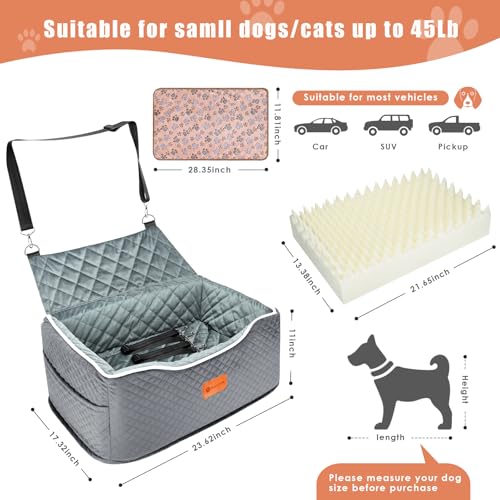 AlfaTok Memory Foam Booster Dog Car Seat for Medium Dogs Under 45 LBS, Elevated Pet Car Seat with Detachable Washable Cover, Anti-Slip Sturdy Dog Booster Seat with Seat Belt for Back Seat Travel - color: Grey