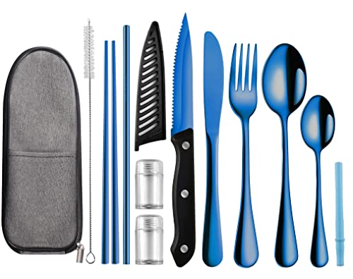 Logcow Travel Utensils Set with Case, 10-Piece Reusable Stainless Steel Camping Cutlery, Portable Fork Spoon Knife Chopsticks & Straw for Work, Lunch, Picnic (Blue) - color: Blue