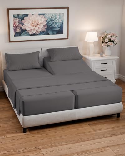Split California King Bed Sheet Set - 5 Piece Split Cal King Size Sheets - Ultra-Soft, Breathable & Cooling - Comfy, Wrinkle & Fade Resistant - Fits 8" to 16" Inch Mattress w/ Deep Pockets - Dark Grey - color: 07 - Dark Grey, size: Split California King