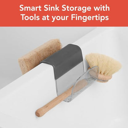 Spectrum Sink Saddle for Kitchen Sink Gray Slate Tint Sponge and Brush Holder Organizer, Dish Brush and Sponges Plastic Saddle Caddy for Double Sink Storage with Drain Holes for Quick Drying