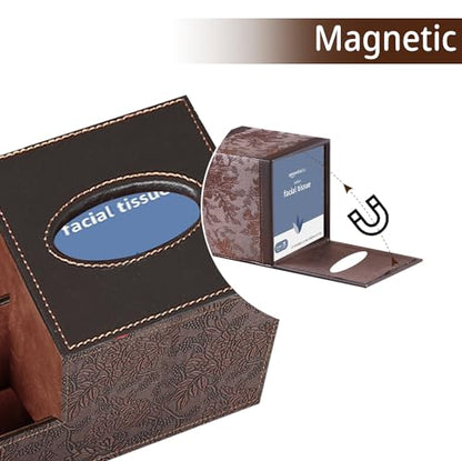 PU Leather Square Tissue Box Cover - Multi-Functional Tissue Box Holder, Tissue Box Cover with Storage,Tissue and Remote Control Holder, Cube Tissue Box Organizer Bedroom Nightstand End Table - color: Retro