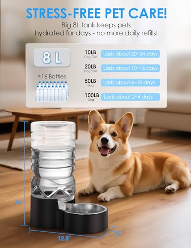Heouvo 2.1 Gallon Automatic Dog Water Dispenser【Wide Mouth for Easy Hand-in Cleaning】【Removable Stainless Steel Bowl】, Gravity Refilling Large Capacity for Cats and Dogs, Multi-Pet Homes - size: 8L