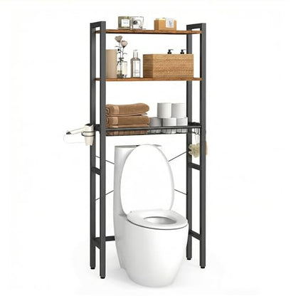 VASAGLE BARNET Collection - Over the Toilet Storage, Over Toilet Bathroom Organizer with Adjustable Shelves and Basket, 3 Hooks, Space Saving, 9.4 x 23.6 x 63 Inches, Rustic Brown UBTS113KD01S - color: Rustic Brown, style: 3 Tiers (63" H)