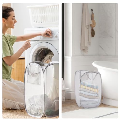 Foldable Pop Up Laundry Hamper – Set of 2 Collapsible Mesh Baskets with Handles for Kids, Baby, Dorm or Travel, Dual-Use Laundry Organizers for Clothes, Toys, Storage – Gray