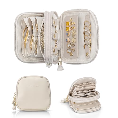 VLANDO Travel Jewelry Case,2-Layer Jewelry Organizer,Gifts for Women Bride,Travel Essentials,Multi-Compartment Jewelry Storage for Rings Earrings Necklaces Bracelets - Cream White - color: Cream White